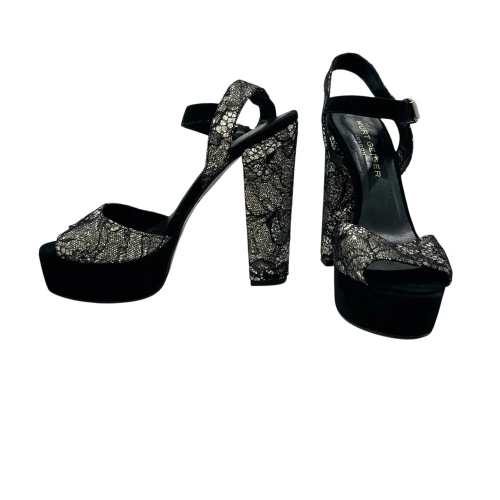 KURT GEIGER BLACK LACE OVER SILVER GLITTER PLATFORM HEELED SANDALS